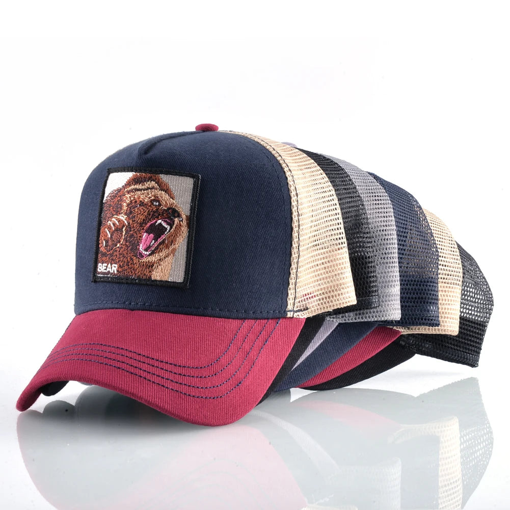 Four Seasons Snapback Baseball Cap Men Fashion Bear Embroidery Hip Hop Hat Women Outdoor Breathable Mesh Trucker Hat