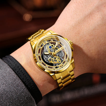 Vintage openwork BINBOND quartz wristwatch for men, luminous, water-resistant, accurate and durable, casual style.
