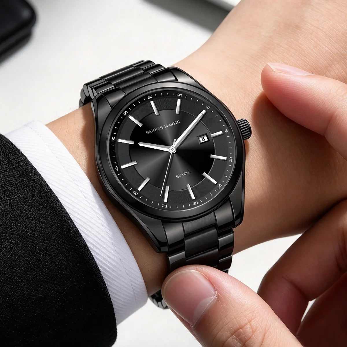HANNAH MARTIN quartz watch, 40 mm, for men, black stainless steel bracelet, water-resistant to 3 bar, sporty-chic style