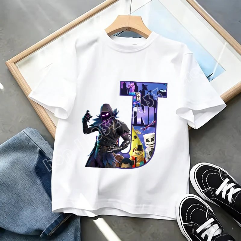 Fortnite A-Z Alphabet Print T-Shirt Summer Kids White Clothing Popular Cartoon Game T-Shirt Fashion Casual Short Sleeve Top Gift