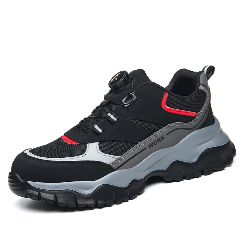Chaussures de travail pour hommes, bottes de sécurité à bout en acier, chaussures Anti-écrasement, baskets légères et respirantes noires à bouton rotatif
