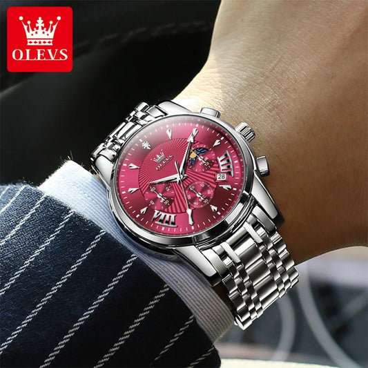 OLEVS men’s watch – Sporty and luxurious model, red, water-resistant, stainless steel, quartz chronograph