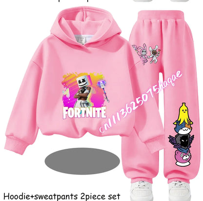 Fortnite-bedruckte Kinder-Hoodies, Cartoon-Design, bequemes 2-teiliges Set, locker sitzende Langarm-Oberteile mit Hose, Herbst-/Winterkleidung, Geschenk