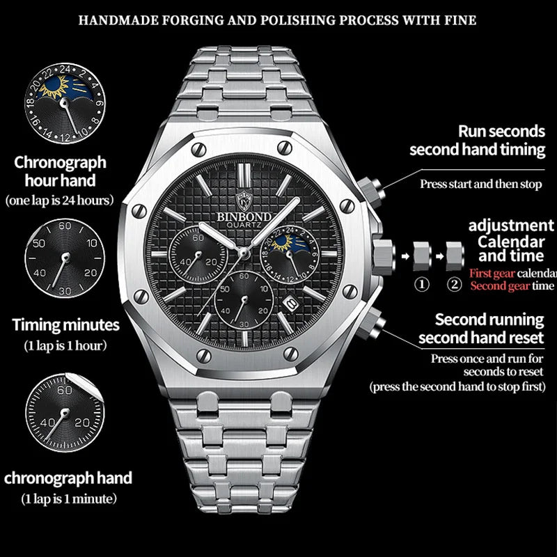 BINBONG B0161 Top Brand Man Business Quartz Watch Chronograph Wristwatch Stainless Steel Strap 30M Waterproof Luxury Men Watch