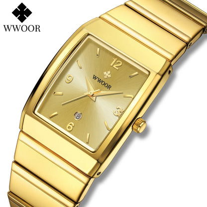 Relogio Masculino WWOOR New Man's Square Watch For Men with Automatic Date Luxury Stainless Steel Gold Mens Quartz Wrist Watches