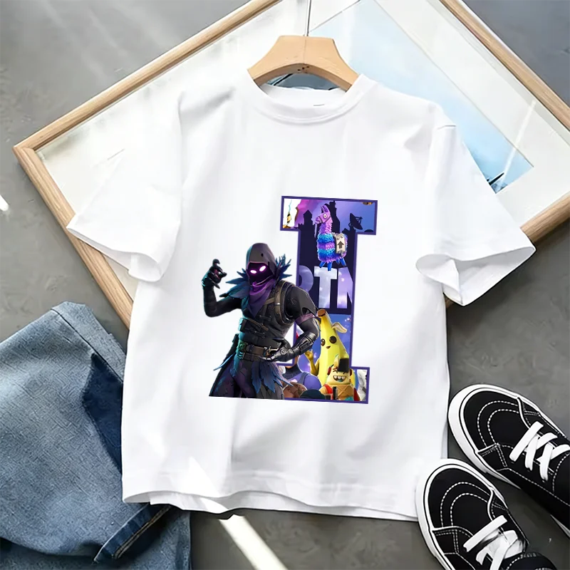 Fortnite A-Z Alphabet Print T-Shirt Summer Kids White Clothing Popular Cartoon Game T-Shirt Fashion Casual Short Sleeve Top Gift
