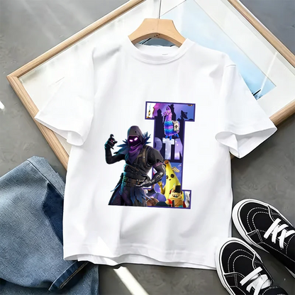 Fortnite A-Z Alphabet Print T-Shirt Summer Kids White Clothing Popular Cartoon Game T-Shirt Fashion Casual Short Sleeve Top Gift