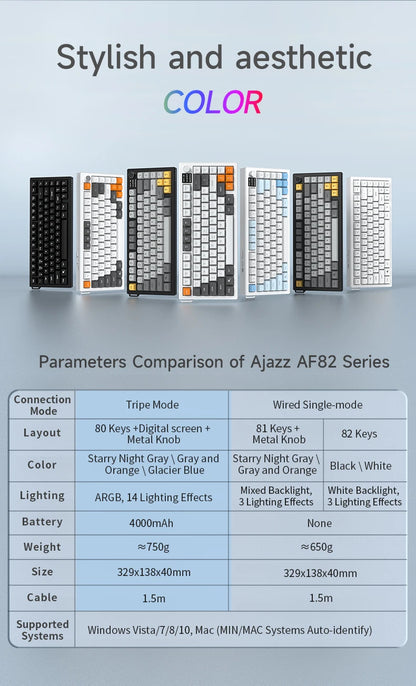 Tastiera AJAZZ AF82 Office Low Profile RGB cablata/wireless da gaming, layout 75% con 82 tasti, batteria 4000mAh per Win/Mac