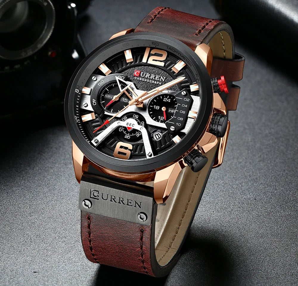 CURREN 8329 Men’s Watch – Casual sporty style, military-inspired design, leather strap, trendy chronograph, luxury watch from a leading brand