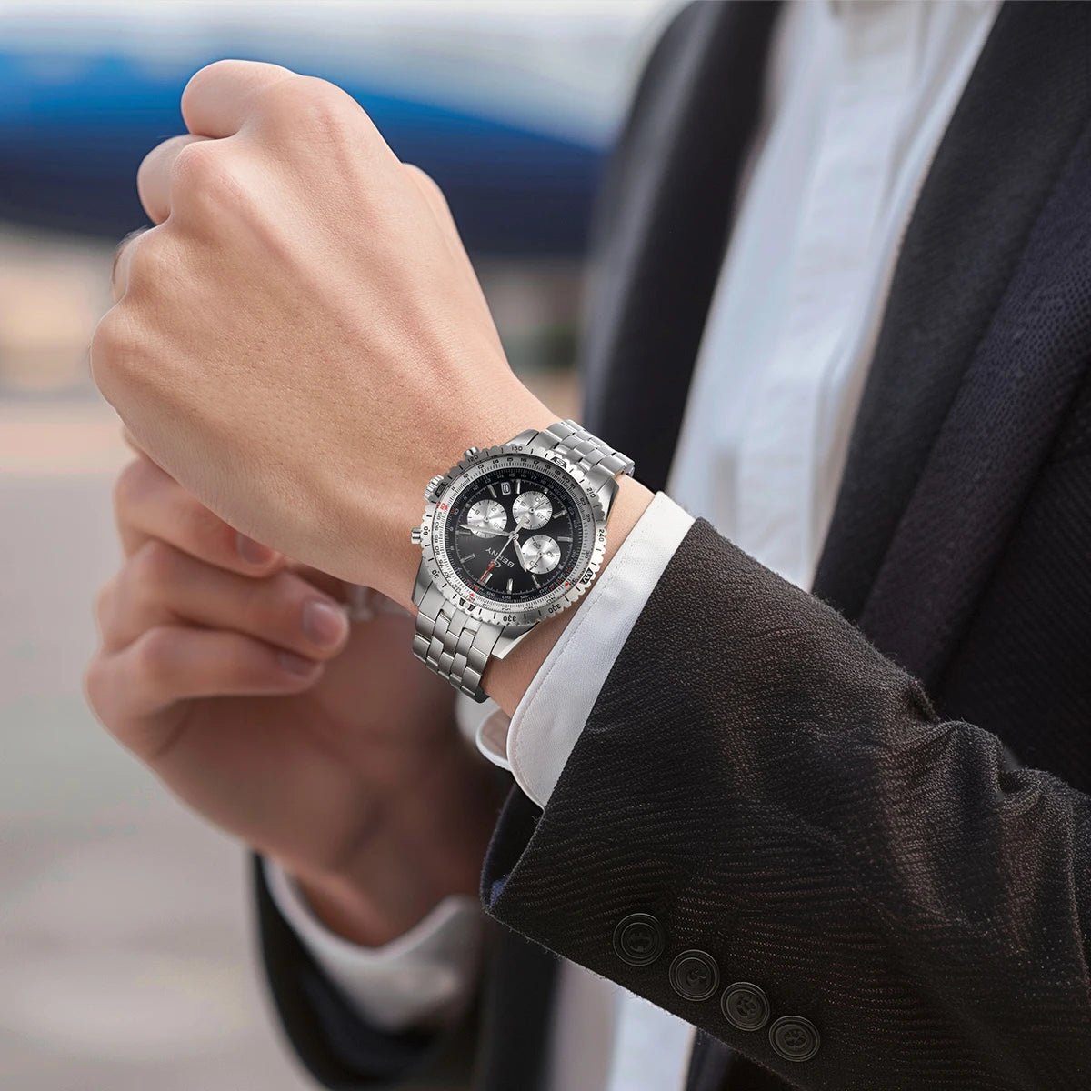 BERNY men’s chronograph watch – Multifunction aviation-style quartz watch, featuring a date display, sapphire crystal and excellent luminescence – Luxury men’s wristwatch