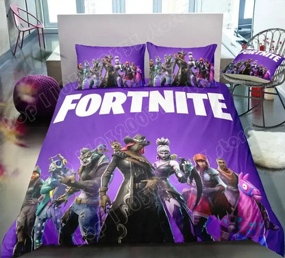 Спален комплект Fortnite с плик за завивка, 3 части, 3D принт, спално бельо за спалня, игра, аниме, анимационна калъфка за възглавница, декорация за стая, подаръци