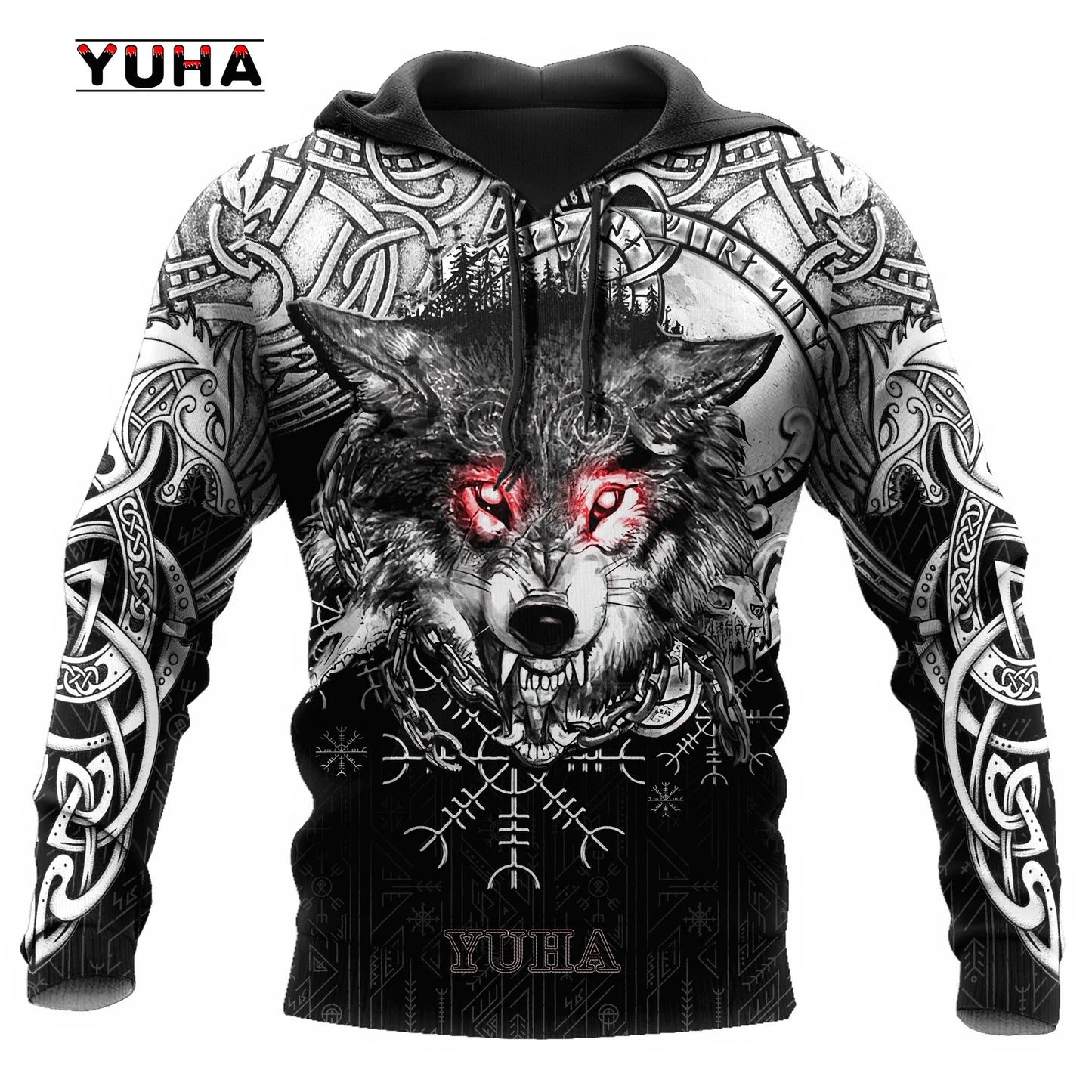 Felpa con cappuccio e felpa da uomo unisex casual autunnale New Wolf Tattoo Vegvisir nero bianco 3D con stampa integrale