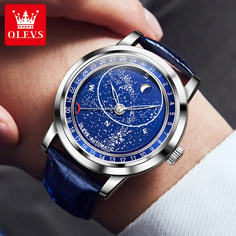 OLEVS 9923 Men's Watches Moon Phase Automatic Mechanical Watch for Man Blue Leather Luxury Dress Waterproof Luminous Wristwatch