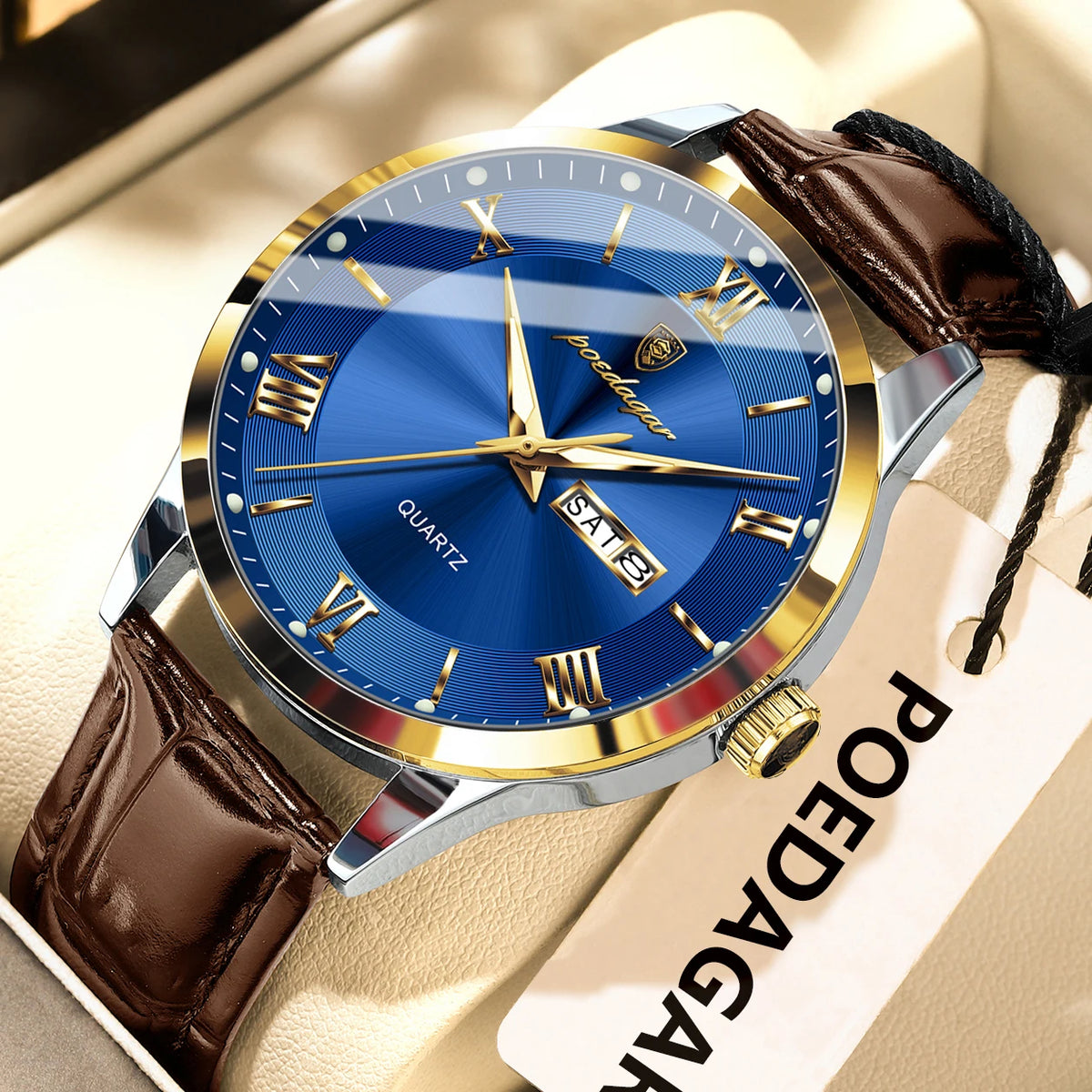 Trendy POEDAGAR men’s watch, leather strap, date and day display, luxury quartz watch, water-resistant, luminous, casual business style.