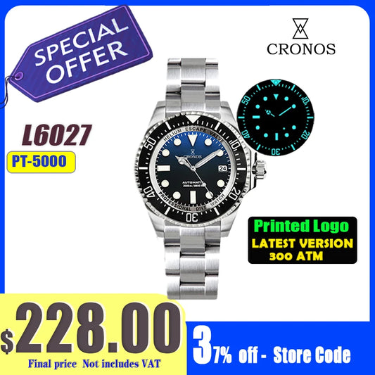 Cronos Automatic Diving Watch Stainless Steel 2000 Meters Water Resistance Professional Diver PT5000 SW200 Miyota9015 90S5 L6027M