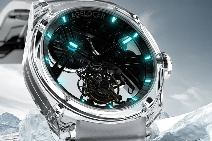 AGELOCER Limited Edition "Ice Never Melts" Free-sprung Crystal Tourbillon Watch Luxury Manual Mechanical Watches