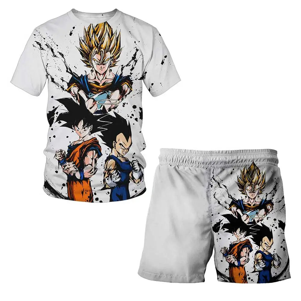 Japanisches Cartoon-Dragon-Ball-Z-T-Shirt, Kinder-Oberteil, T-Shirt- und Shorts-Zweiteiler für den Sommer, Jungen-T-Shirt + Shorts, Strandshorts