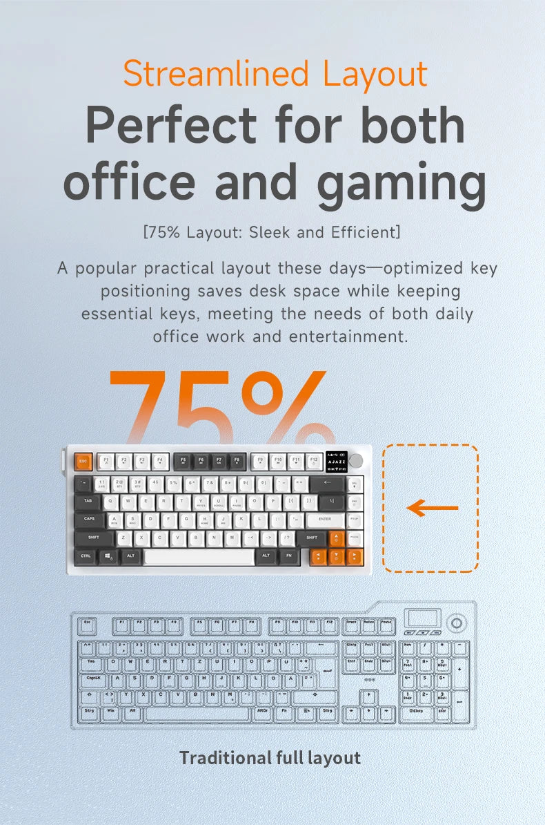 Tastiera AJAZZ AF82 Office Low Profile RGB cablata/wireless da gaming, layout 75% con 82 tasti, batteria 4000mAh per Win/Mac