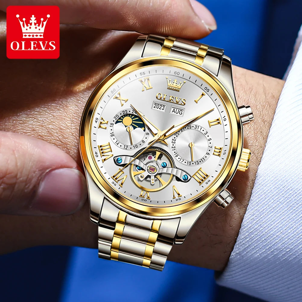 OLEVS 7005 Classic Business Mechanical Wristwatch for Men Skeleton Flywheel 24 Hour Moon Phase Calendar Luxury Men's Watch