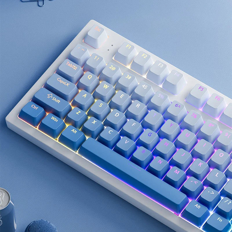 Teclas gamer RGB con retroiluminación degradada para teclado mecánico con interruptores MX, perfil OEM, PBT, blanco y azul, distribución ISO, teclas DIY