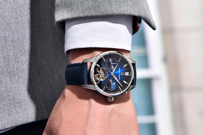 PAGANI DESIGN – Luxus mechanikus férfi karóra, 41 mm, zafírüveg, bőr szíj, vízálló, pilóta stílusú, tourbillon és holdfázis kijelzővel