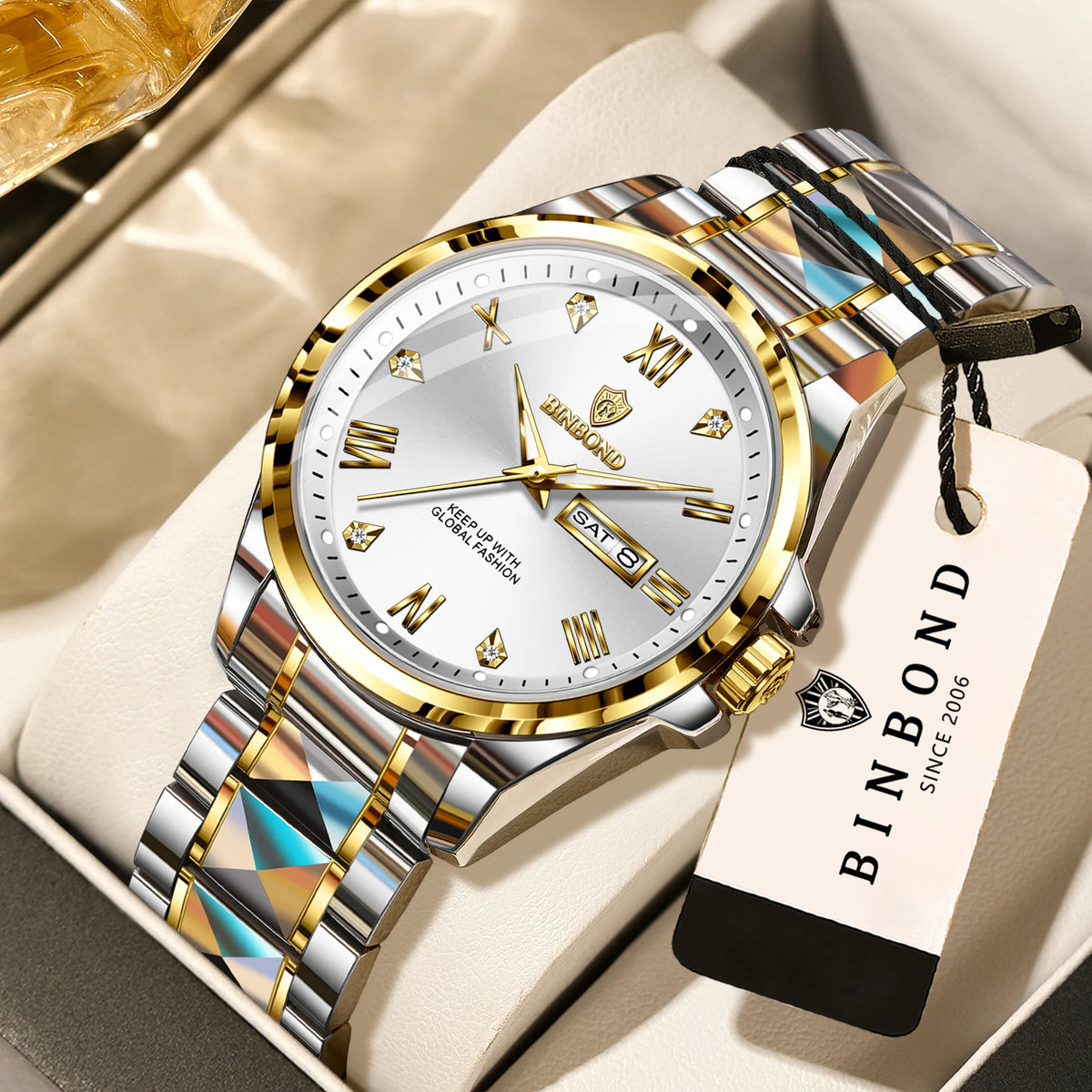Montre-bracelet à quartz pour homme BINBOND – Style professionnel, luxueuse, lumineuse, robuste et durable, étanche, avec affichage automatique de la date et du jour de la semaine.