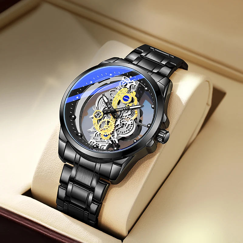 TPW men’s wristwatch – Trendy style, ‘skeleton’ model (black, gold or blue), quartz movement (non-automatic), luxury accessory, collection – Wholesale