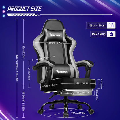 AUTHMIC Ergonomic Gaming Chair with 170° Reclining Backrest, Foldable Footrest, Soft Armrests, Supports150kg,Breathable Material