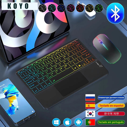Hebrew/Russian/Spanish/Portuguese/Korean 7-Colors Backlit Wireless with Touchpad Keyboard Rechargeable For iPad Tablet PC IOS Win