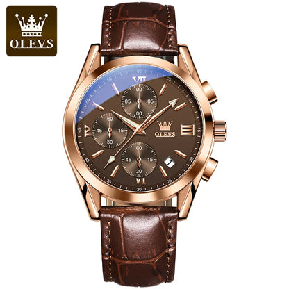 OLEVS 2872 Men’s Chronograph Wristwatch – Leather strap, water-resistant, luminescent hands, quartz movement, luxury sports style