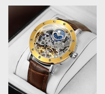 SKROX automatic mechanical wristwatch for men, skeletonised model with GMT function, moon phase and tourbillon – A high-end, elegant and original luxury watch.