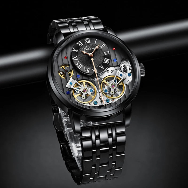 AILANG Top Brand Luxury Watch Men Automatic Luminous Black Clock Men Double Tourbillon Waterproof Mechanical Watch Relogio