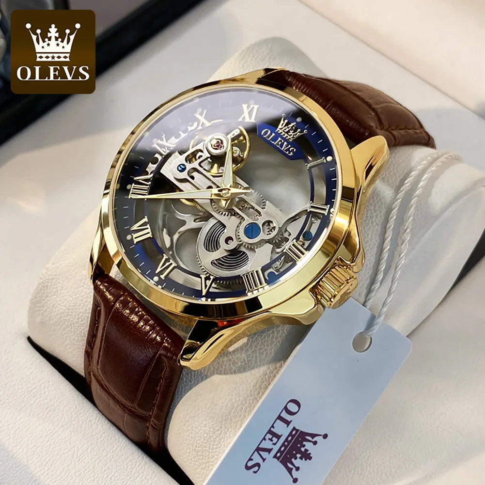 Relógio mecânico automático para homem OLEVS 6661 – Modelo esqueleto totalmente transparente com volante visível, bracelete em pele, relógio de luxo original para homem