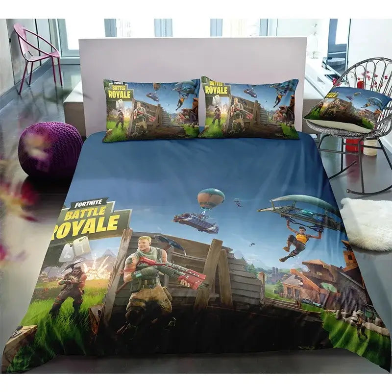 Спален комплект Fortnite с плик за завивка, 3 части, 3D принт, спално бельо за спалня, игра, аниме, анимационна калъфка за възглавница, декорация за стая, подаръци