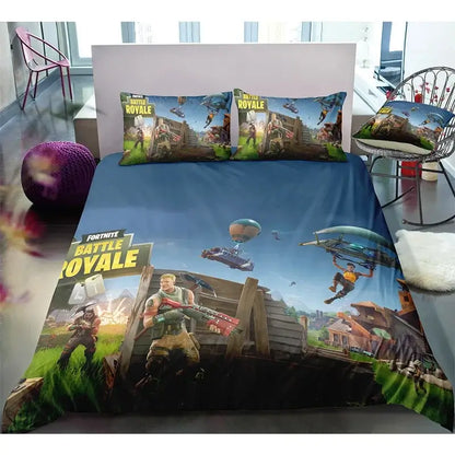 Спален комплект Fortnite с плик за завивка, 3 части, 3D принт, спално бельо за спалня, игра, аниме, анимационна калъфка за възглавница, декорация за стая, подаръци