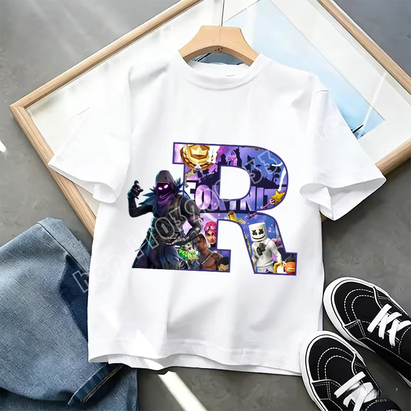 Fortnite A-Z Alphabet Print T-Shirt Summer Kids White Clothing Popular Cartoon Game T-Shirt Fashion Casual Short Sleeve Top Gift