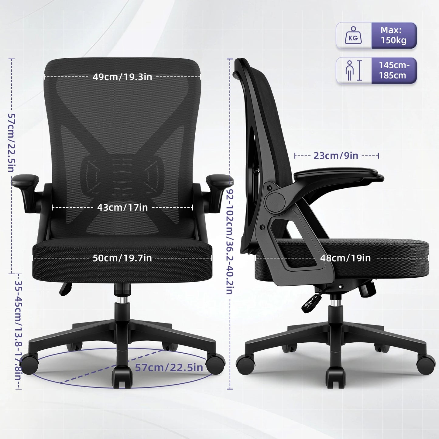 AUTHMIC Ergonomic Office Chair Mesh Back Lumbar Support Flip-Up Armrests Reclining Adjustable Height for Home Office Desk Work