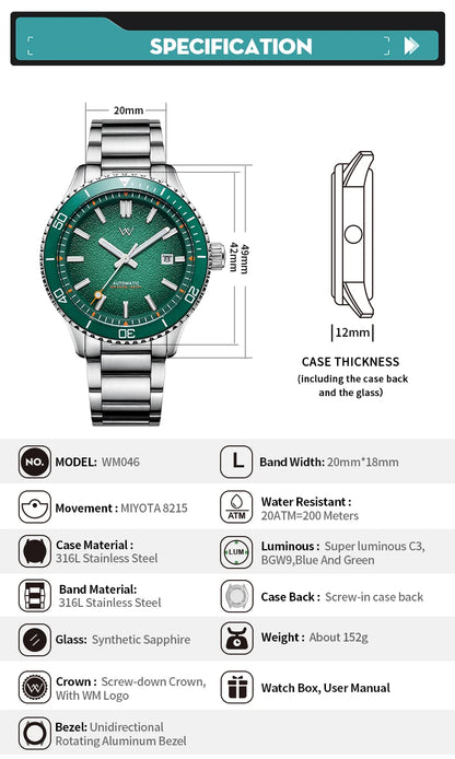 WM Watch Automatic Mechanical Dive Watch Man MIYOTA 8215 Waterproof Stainless Steel Sapphire Welly Merck Diving Watches WM046