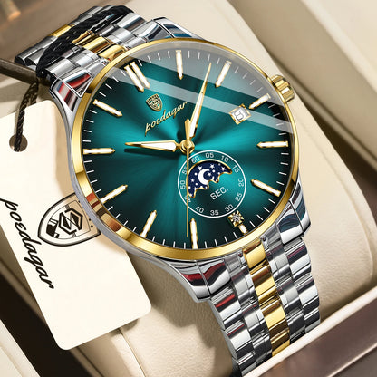 POEDAGAR luxury men’s watch, casual style, stainless steel, quartz, water-resistant, luminous, with date, elegant.