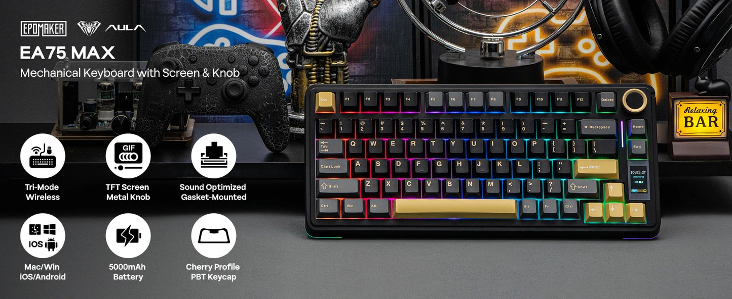 EPOMAKER X AULA EA75 MAX 75% ANSI-US-Layout Hot-Swap-Gasket kabelgebundene/BT/2.4GHz kabellose mechanische Tastatur mit Display & Drehregler