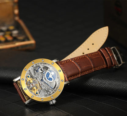 SKROX automatic mechanical wristwatch for men, skeletonised model with GMT function, moon phase and tourbillon – A high-end, elegant and original luxury watch.