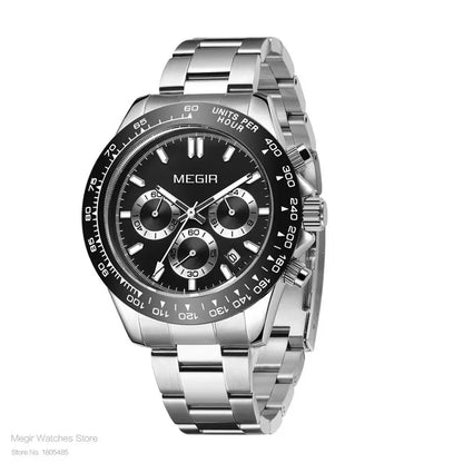 MEGIR men’s watch, luxury brand, quartz sports watch, stainless steel bracelet, water-resistant, chronograph, wristwatch