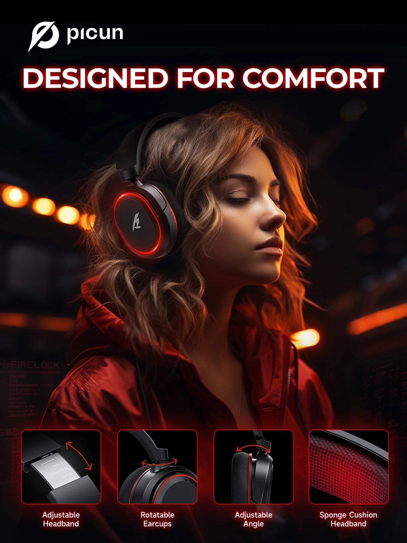 Auscultadores Gaming Sem Fios Picun G2 Bluetooth 5.3 – Som Surround 7.1, Microfone ENC, Bateria de 100H, Auscultadores de Baixa Latência para PC, PS5, PS4, Switch e Mobile