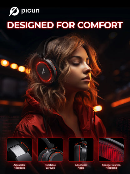 Auscultadores Gaming Sem Fios Picun G2 Bluetooth 5.3 – Som Surround 7.1, Microfone ENC, Bateria de 100H, Auscultadores de Baixa Latência para PC, PS5, PS4, Switch e Mobile
