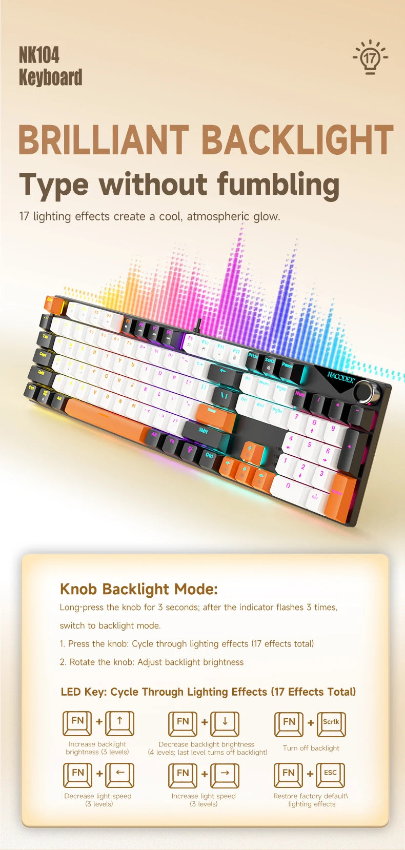 Teclado Mecânico AJAZZ NK104 com Fio, Teclas de Dupla Injeção, 104 Teclas, Hot-Swapping, Retroiluminação LED Híbrida, Teclado Gamer para Portátil e PC