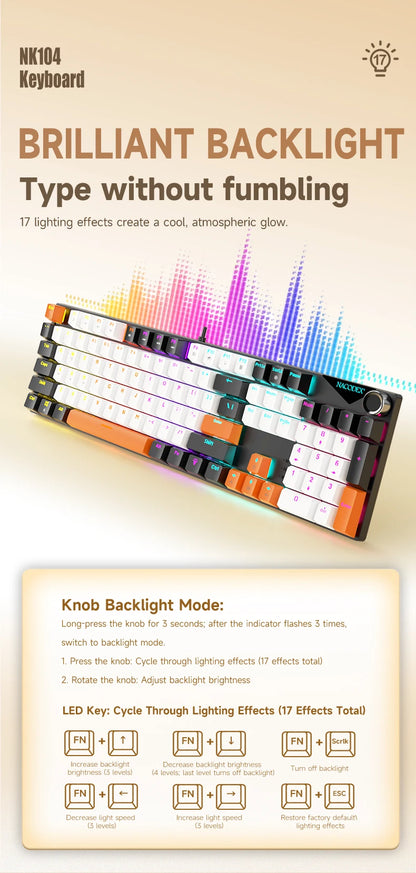 Teclado Mecânico AJAZZ NK104 com Fio, Teclas de Dupla Injeção, 104 Teclas, Hot-Swapping, Retroiluminação LED Híbrida, Teclado Gamer para Portátil e PC