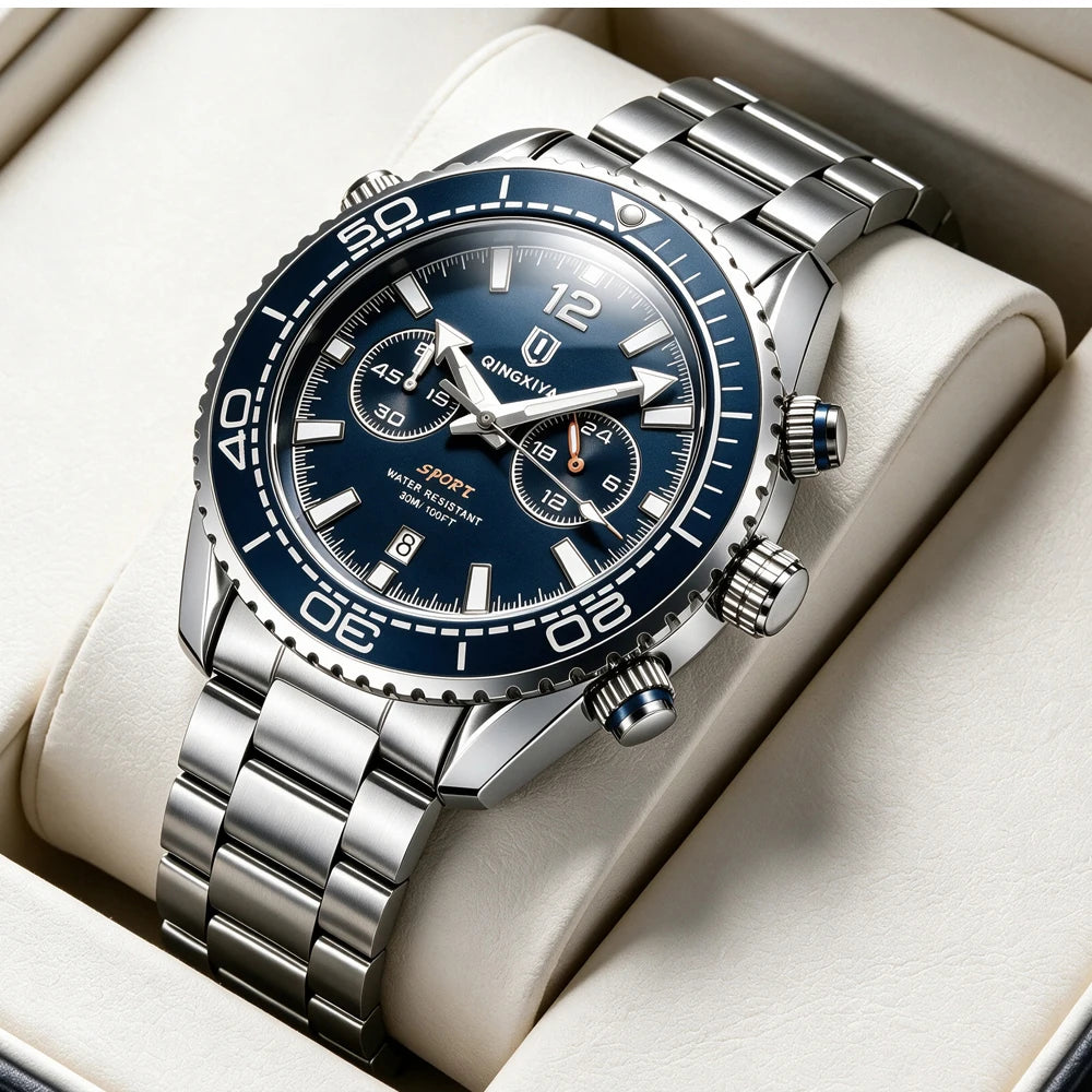 Luxury men’s wristwatch by QINGXIYA, water-resistant sports chronograph with luminous date display, casual men’s quartz watch