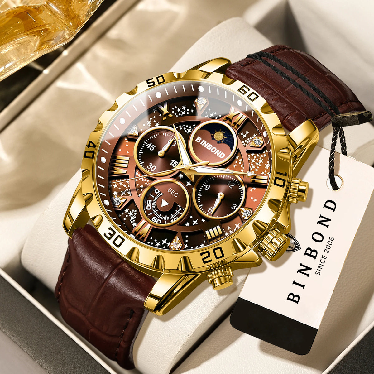 Authentic and accurate BINBOND quartz wristwatch for men, a luxury, water-resistant chronograph with a luminous display and leather strap.