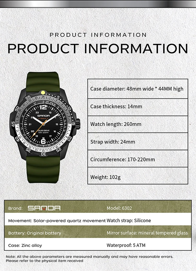 SANDA Luxury Men's Solar-powered Watch Creative Quartz Dial Luminous Hands Waterproof Sport Student Wristwatch Innovative Design