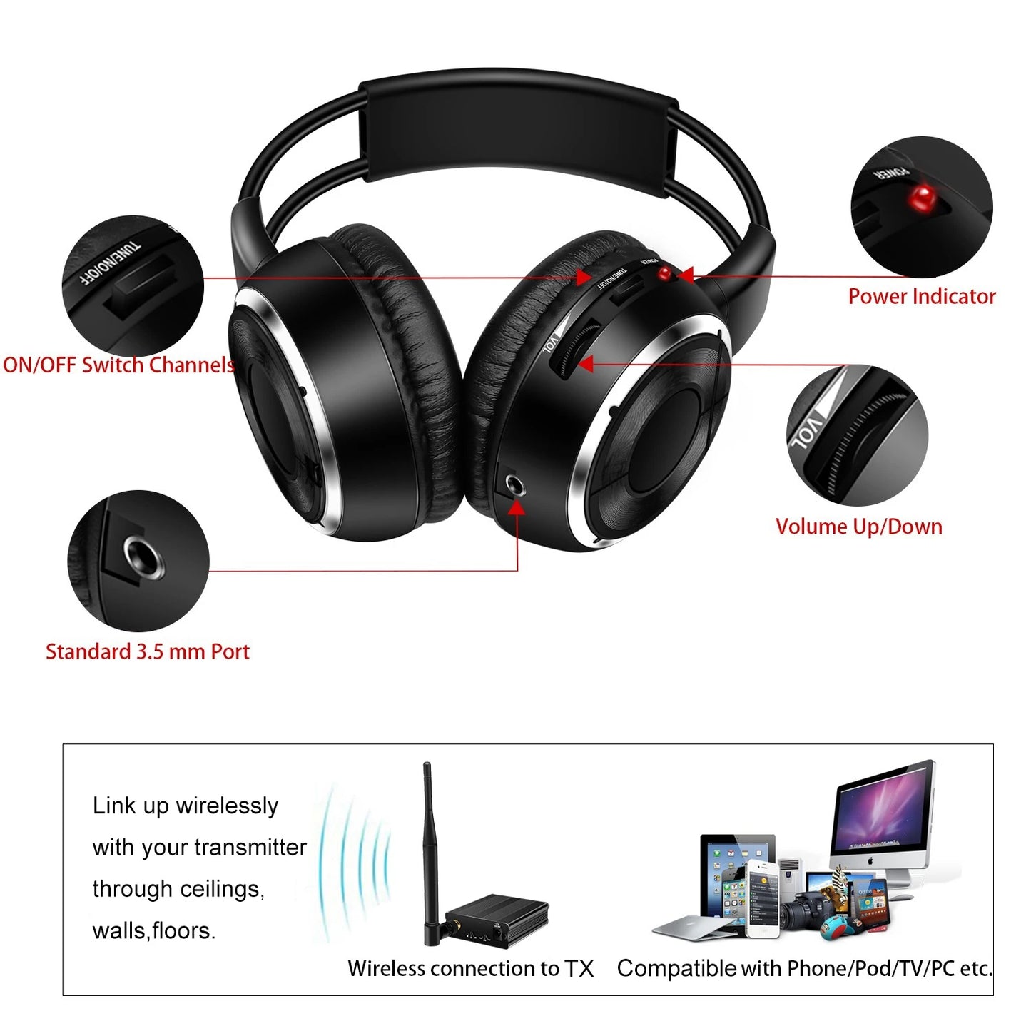 RF Silent Disco Foldable Wireless Headphones Bundle (3 Pcs with 1 Transmitter in 500m) --House Party TV Dancing